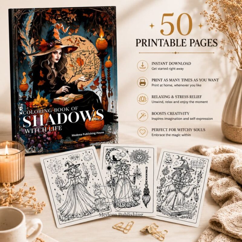 coloring book of shadows witch life printable pages with witch illustrations and magical elements for relaxation