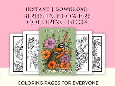 Printable adult coloring book with birds and flowers in large print