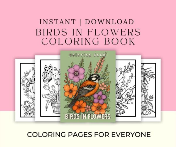Printable adult coloring book with birds and flowers in large print