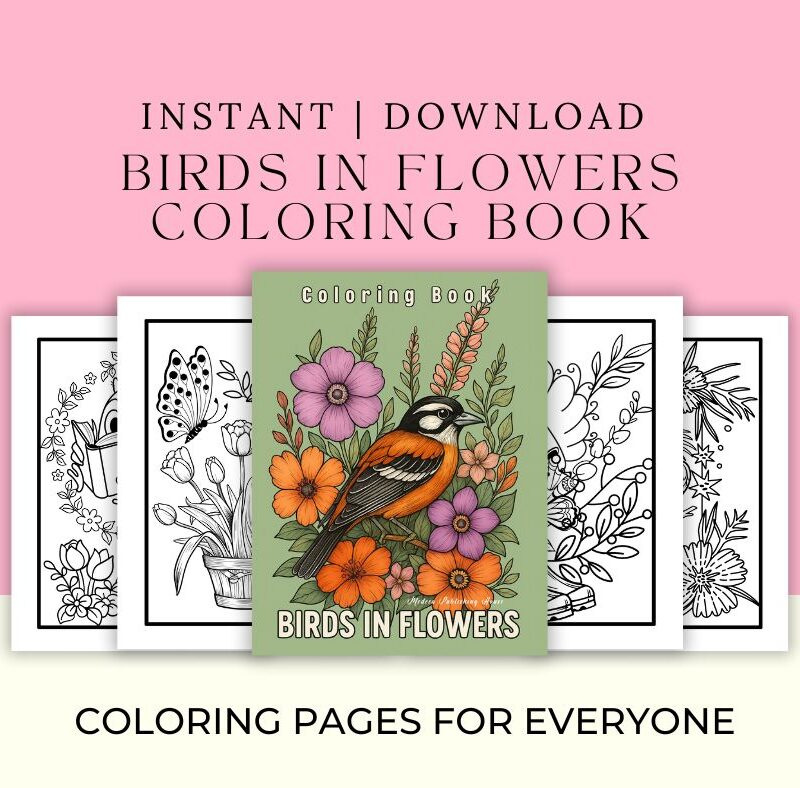 Printable adult coloring book with birds and flowers in large print