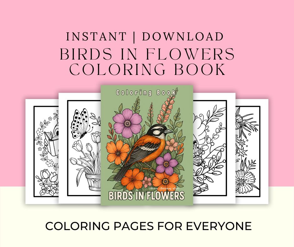 Printable adult coloring book with birds and flowers in large print
