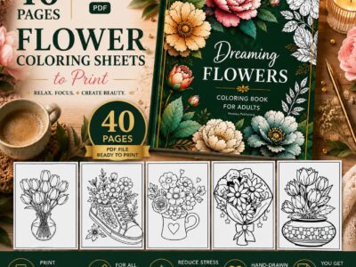 Flower coloring sheets to print displayed in a premium lifestyle flat lay with floral coloring book cover, printable pages, and cozy creative setup