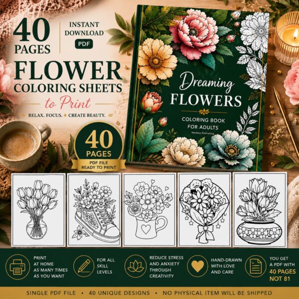 Flower coloring sheets to print displayed in a premium lifestyle flat lay with floral coloring book cover, printable pages, and cozy creative setup