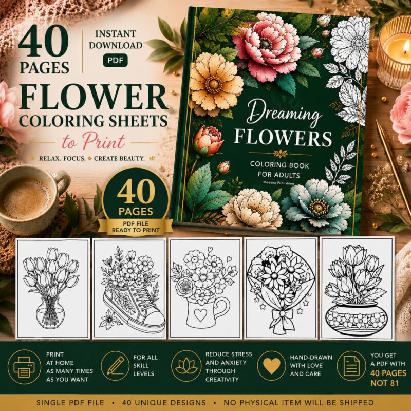 Flower coloring sheets to print displayed in a premium lifestyle flat lay with floral coloring book cover, printable pages, and cozy creative setup