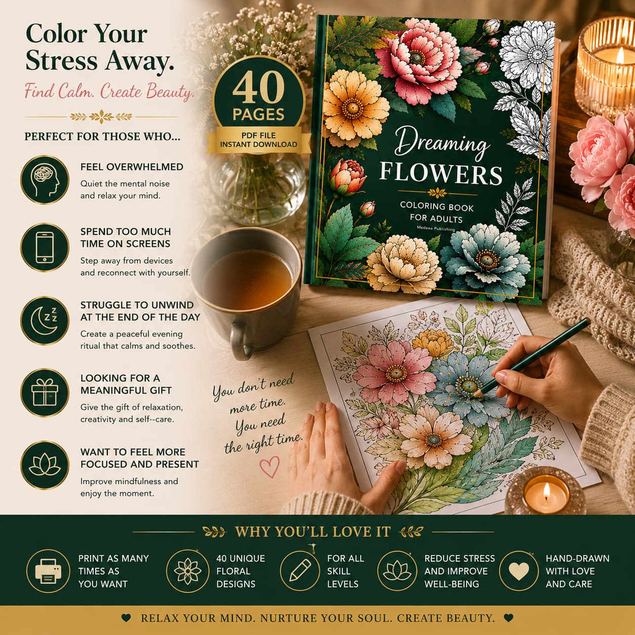 Flower Coloring Sheets to Print – Dreaming Flowers Bloom | 40 Pages Instant Download PDF 2 Flower coloring sheets to print shown in a cozy lifestyle scene with floral coloring book, candle, tea, and hands coloring a page