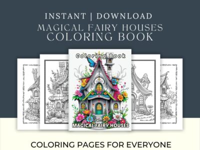 Printable coloring book cover with whimsical fairy houses