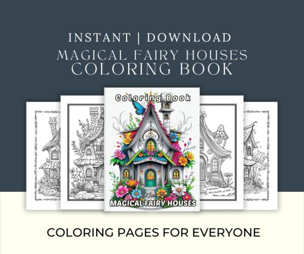 Printable coloring book cover with whimsical fairy houses