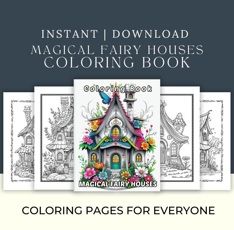 Printable coloring book cover with whimsical fairy houses