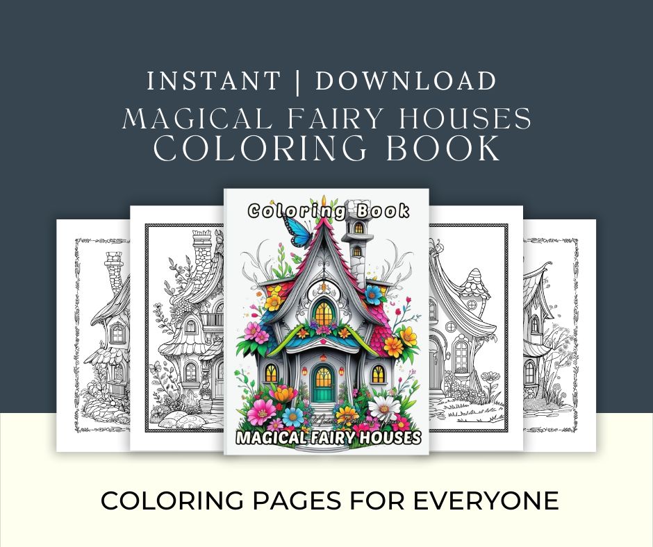 Printable coloring book cover with whimsical fairy houses