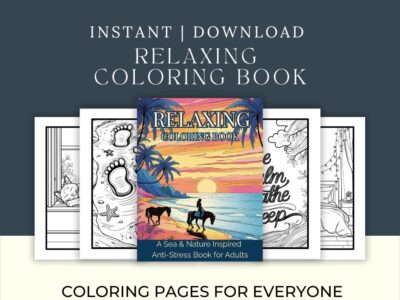 Cover of Relaxing Coloring Book featuring a tropical beach sunset with horses, surrounded by black and white preview pages for adult coloring relaxation
