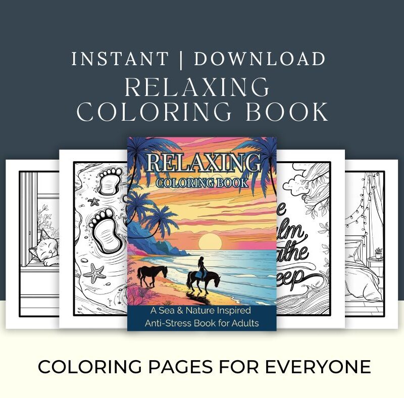 Cover of Relaxing Coloring Book featuring a tropical beach sunset with horses, surrounded by black and white preview pages for adult coloring relaxation