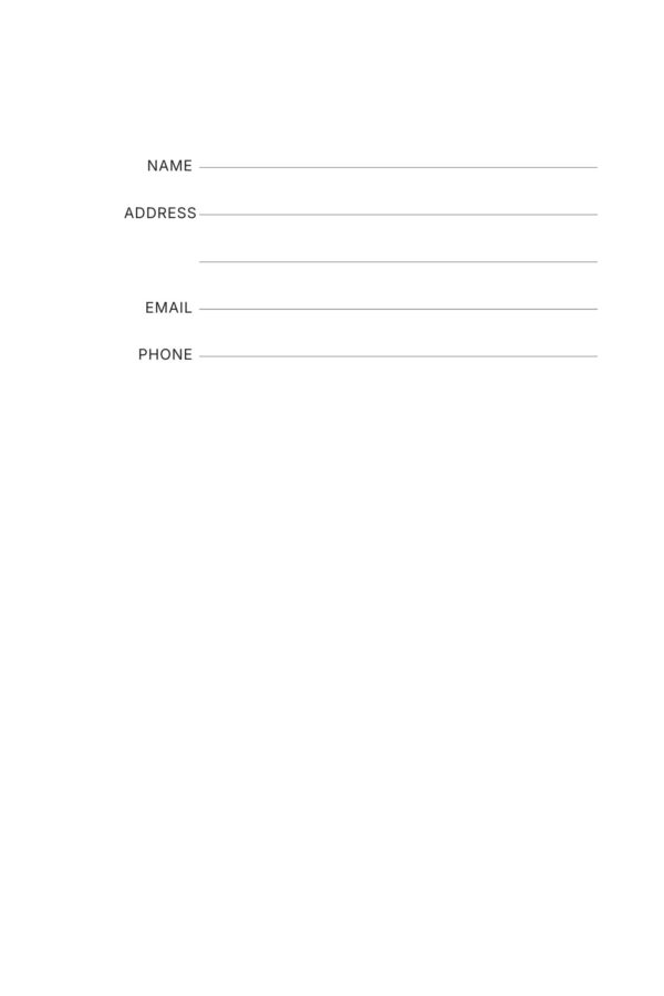 Personal information page of My Weekly Planner Journal with fields for name, address, email, and phone