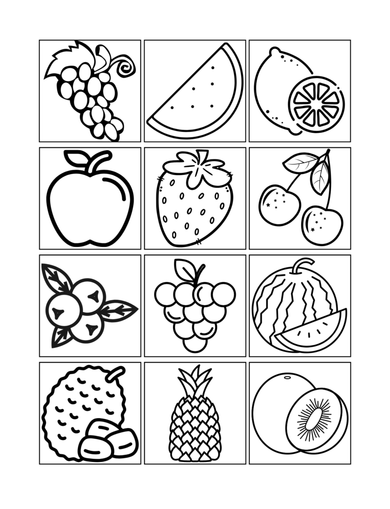 Grid of twelve fruit-themed coloring pages including papaya, starfruit, coconut, banana, pear, kiwi, and berries.