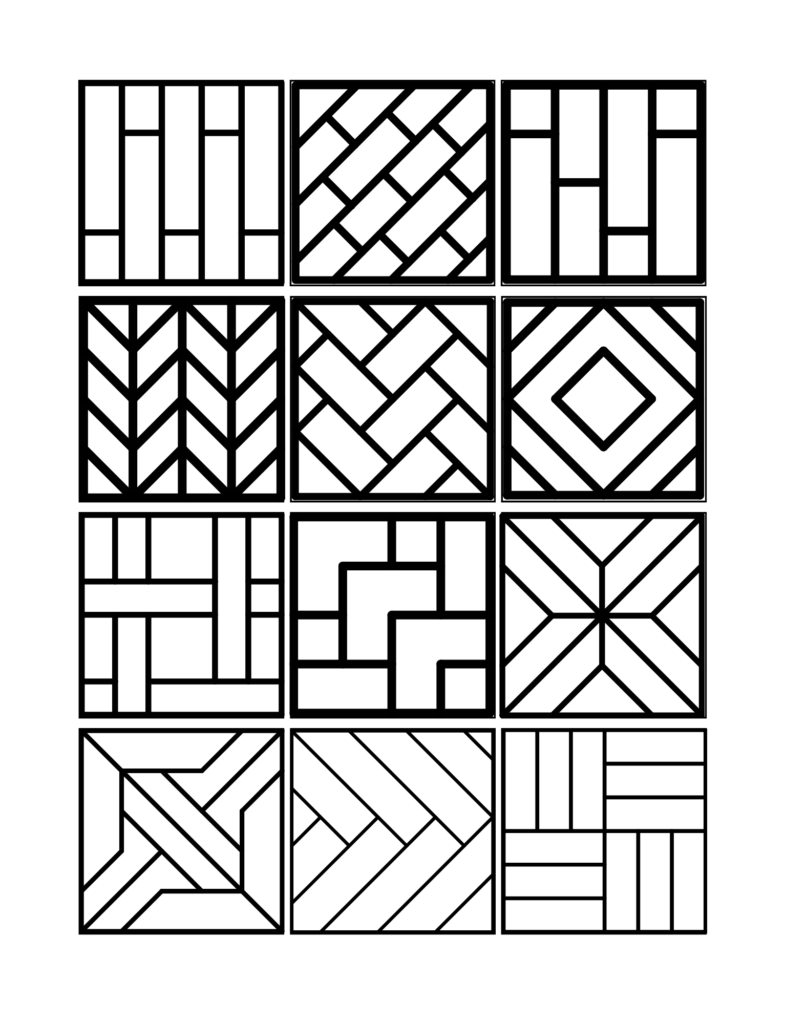 Grid of twelve geometric pattern coloring pages featuring modern line-art designs for adults.