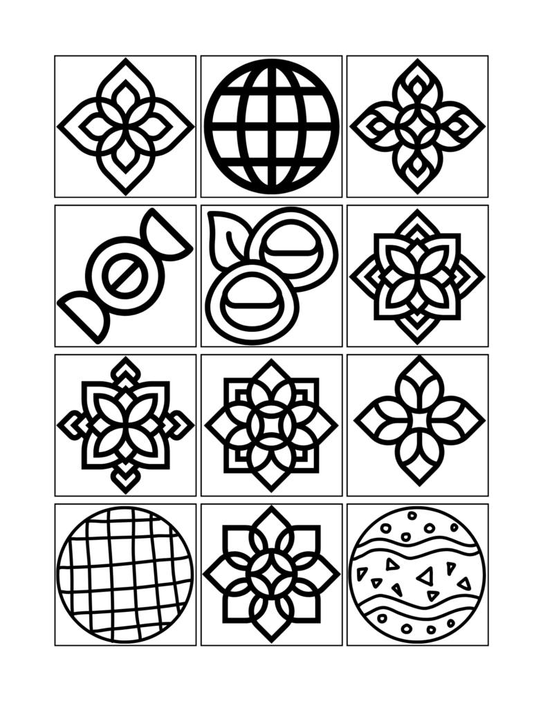 Grid of twelve mixed pattern coloring pages including floral motifs, geometric circles, candy shapes, and fruit illustrations.