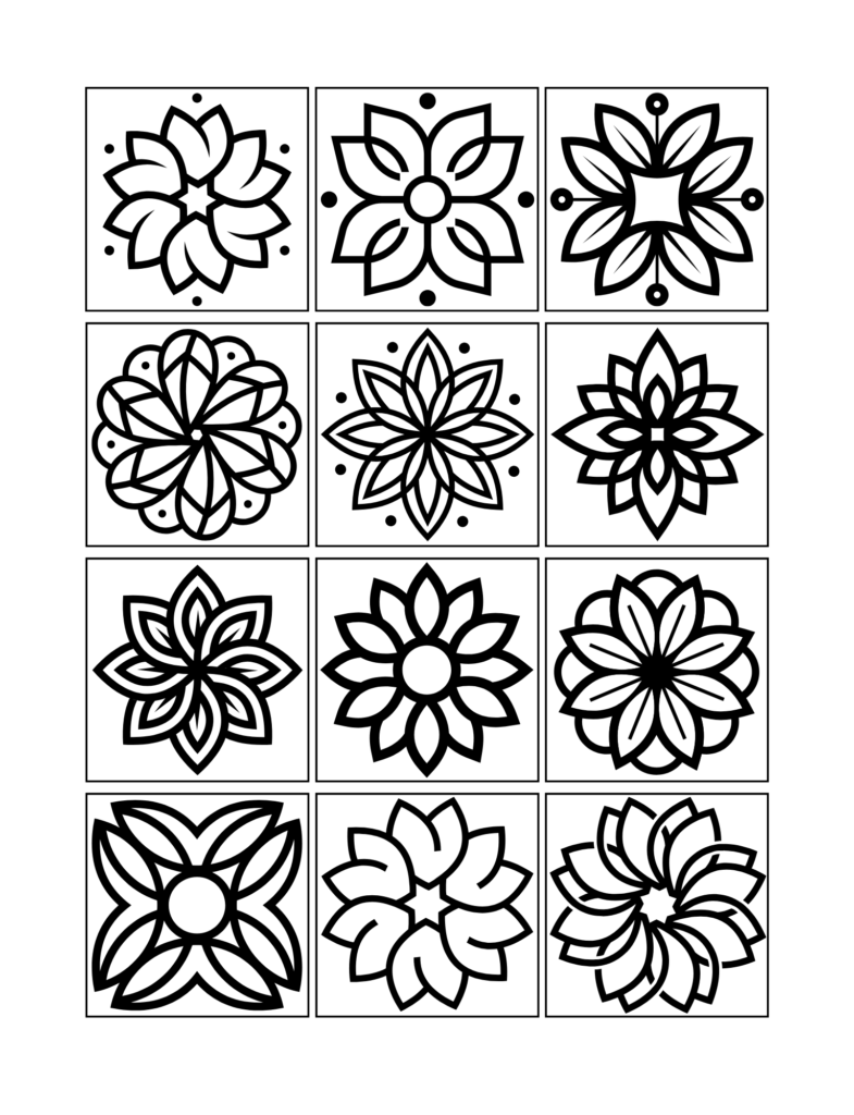 Grid of twelve floral mandala-style coloring pages featuring symmetrical botanical designs.