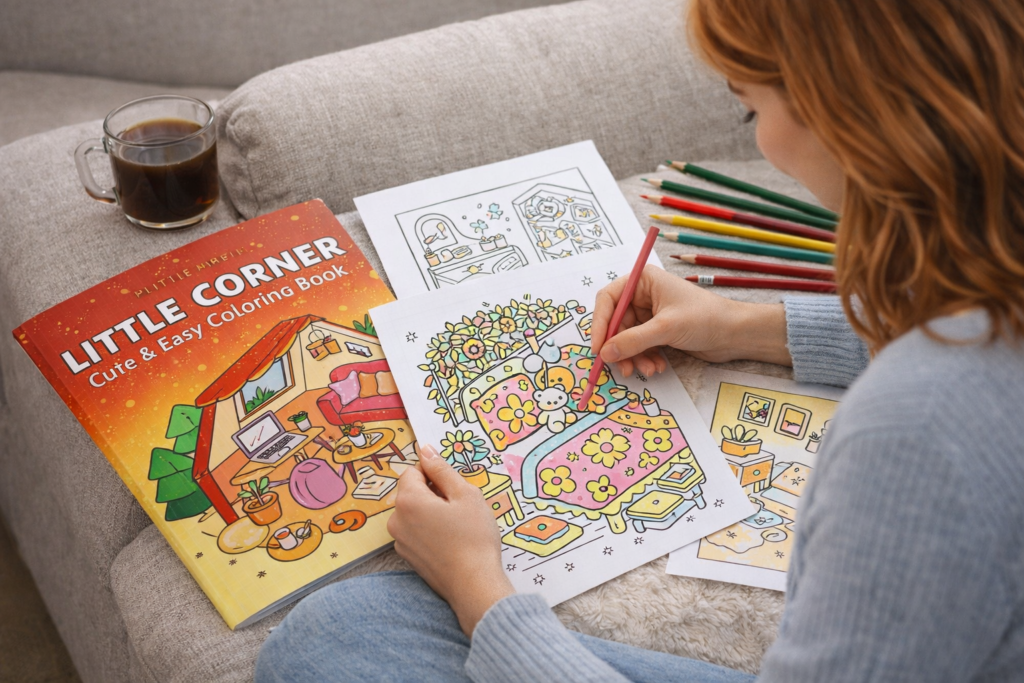 A red-haired woman colors a detailed floral bedroom page from the Little Corner Cute & Easy Coloring Book, with the book cover and pencils displayed on the couch beside her.