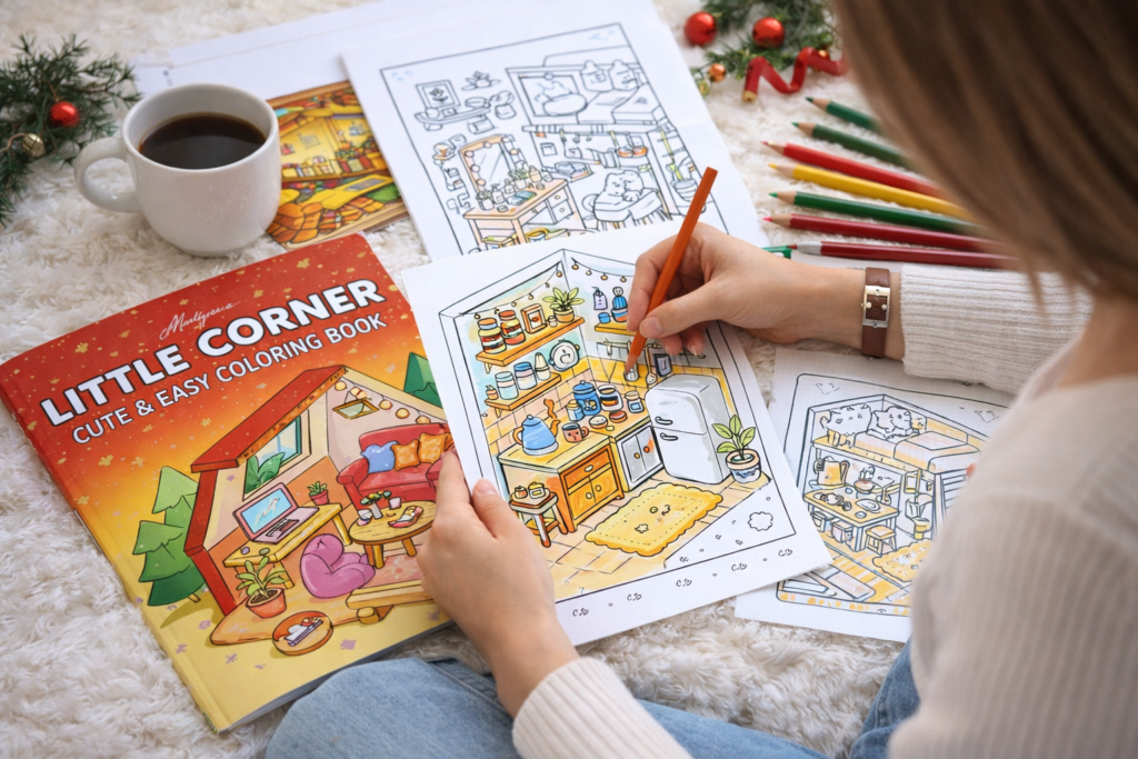 A woman in a cozy living room colors a floral bedroom illustration from the Little Corner Cute & Easy Coloring Book, with pencils and tea placed beside her.