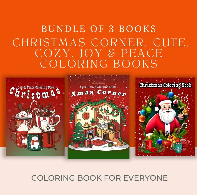 Christmas coloring book bundle with cute cozy holiday scenes and festive illustrations