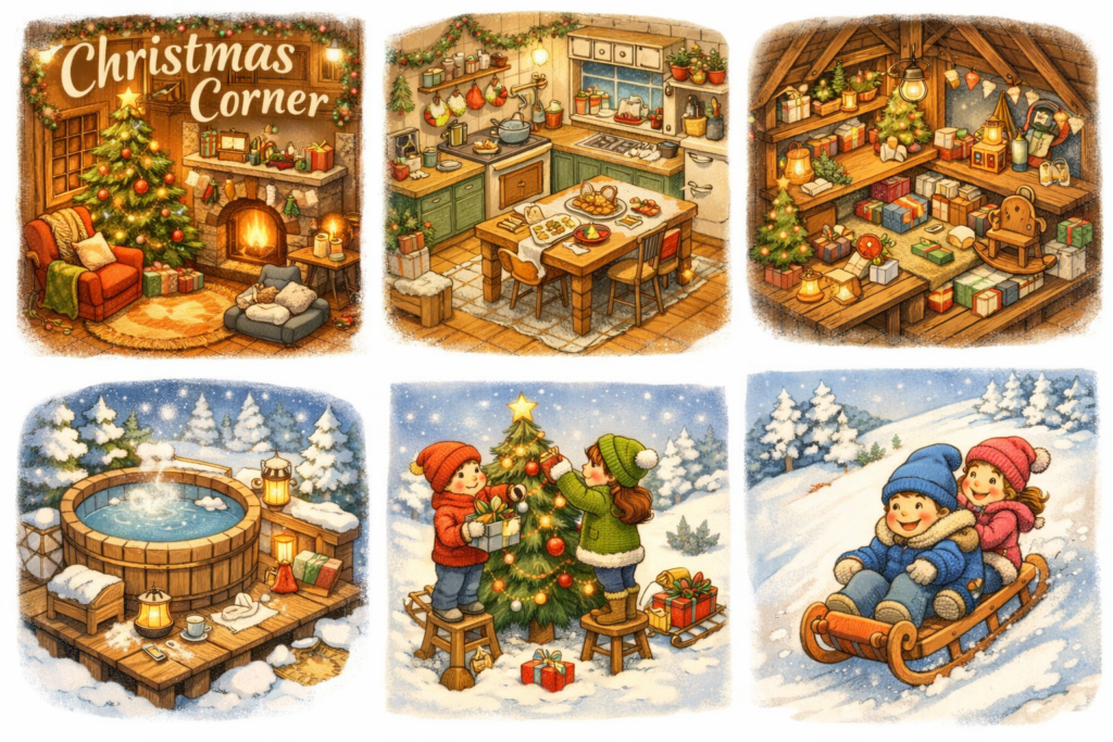 Warm Christmas living room with a lit fireplace, decorated tree, wrapped gifts, and a cozy reading chair from the Xmas Corner Cute Cozy Coloring Book.