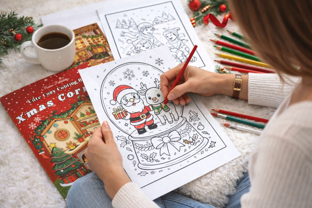 A woman coloring a Santa-and-reindeer snow globe page from the Xmas Corner Cute Cozy Coloring Book, seated on a white rug with colored pencils and Christmas decor around her.