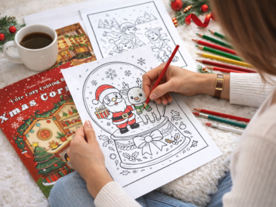 A woman coloring a Santa-and-reindeer snow globe page from the Xmas Corner Cute Cozy Coloring Book, seated on a white rug with colored pencils and Christmas decor around her.