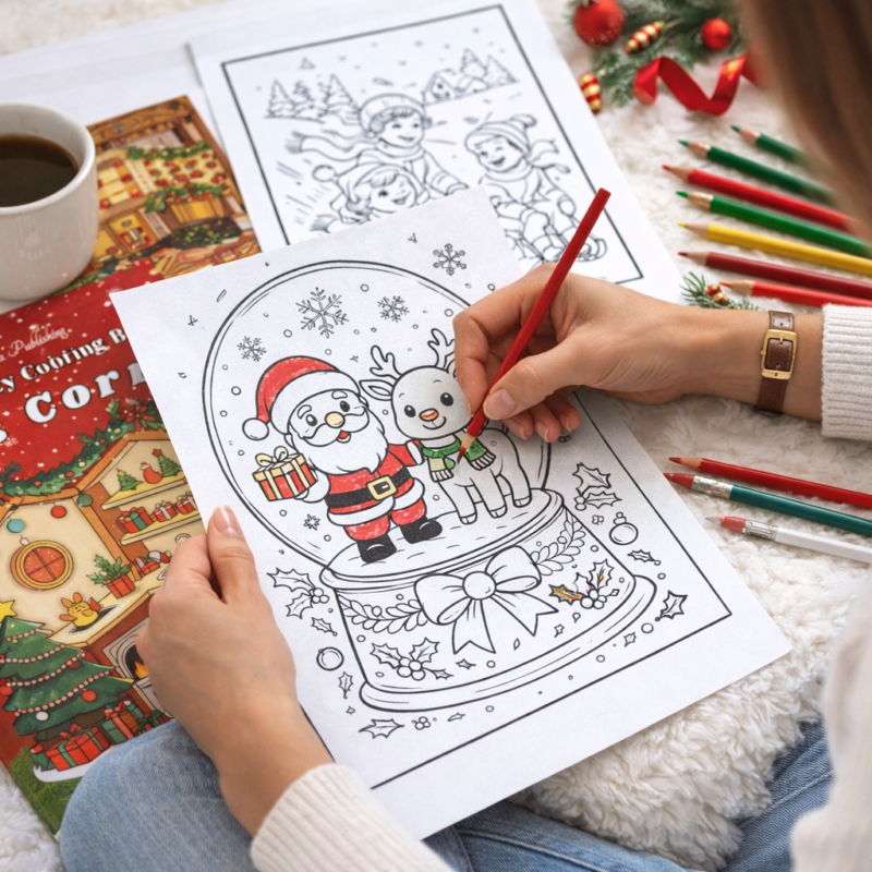 A woman coloring a Santa-and-reindeer snow globe page from the Xmas Corner Cute Cozy Coloring Book, seated on a white rug with colored pencils and Christmas decor around her.