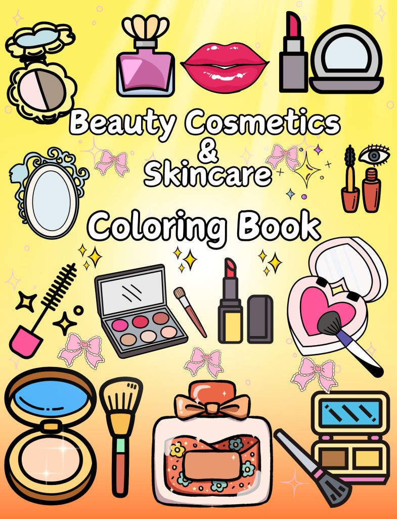Beauty and skincare cosmetics coloring book cover with illustrated makeup items on a bright yellow background