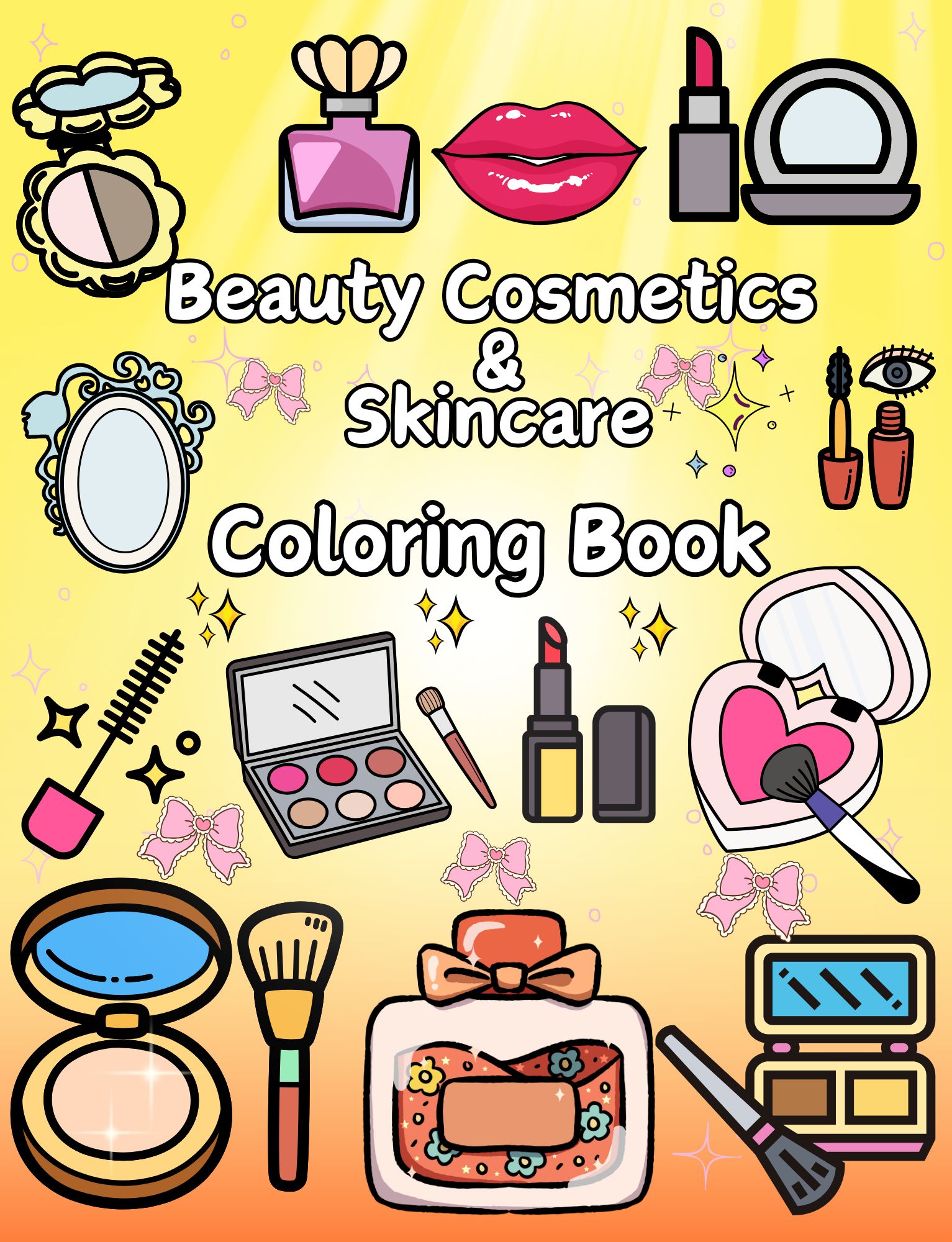 Beauty and skincare cosmetics coloring book cover with illustrated makeup items on a bright yellow background