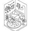 Cozy Living Room Hygge Corner Coloring Page Cozy living room corner with sofa and plants coloring page