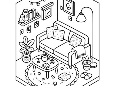 Cozy living room corner with sofa and plants coloring page