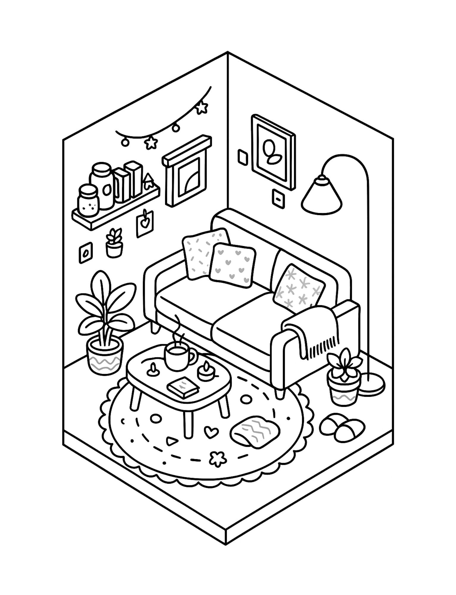 Cozy living room corner with sofa and plants coloring page