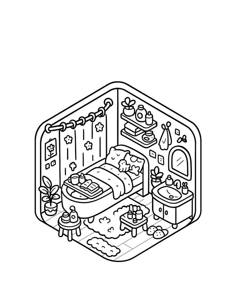 Cozy bedroom nook with bath details coloring page