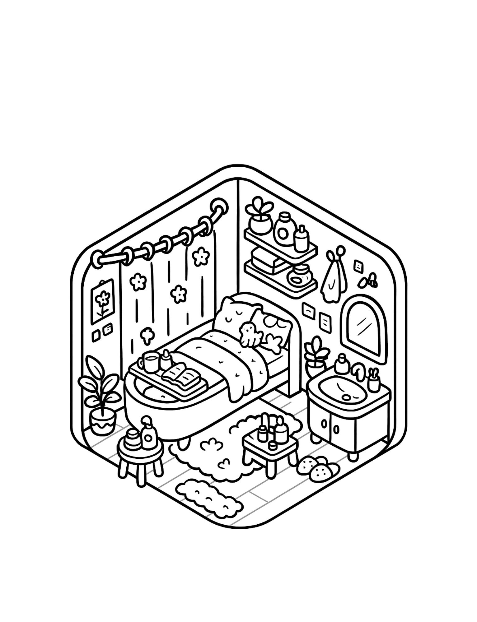 Cozy bedroom nook with bath details coloring page
