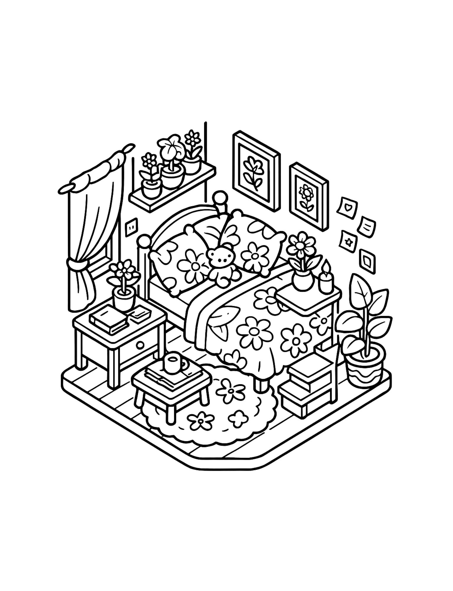 Hygge kitchen corner with tea kettle and shelves coloring page