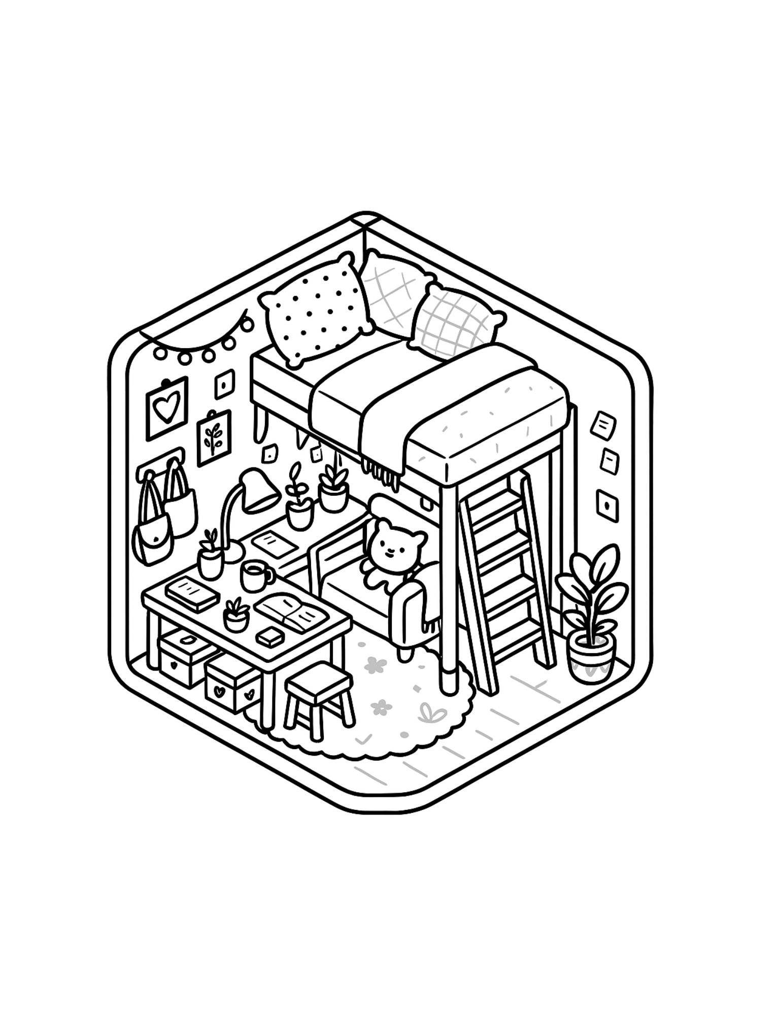 Cute cozy bedroom with loft bed and desk coloring page