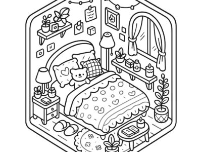 Cozy bedroom with floral bedding and plants coloring page