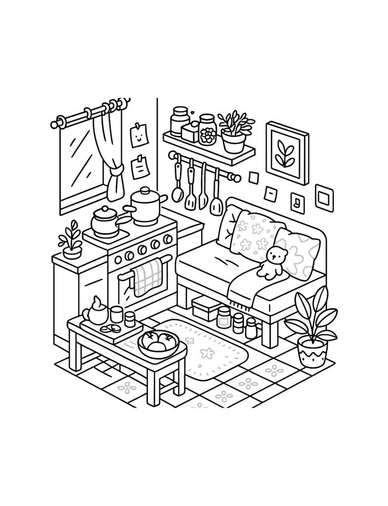 Cute cozy kitchen interior coloring page with stove and plants