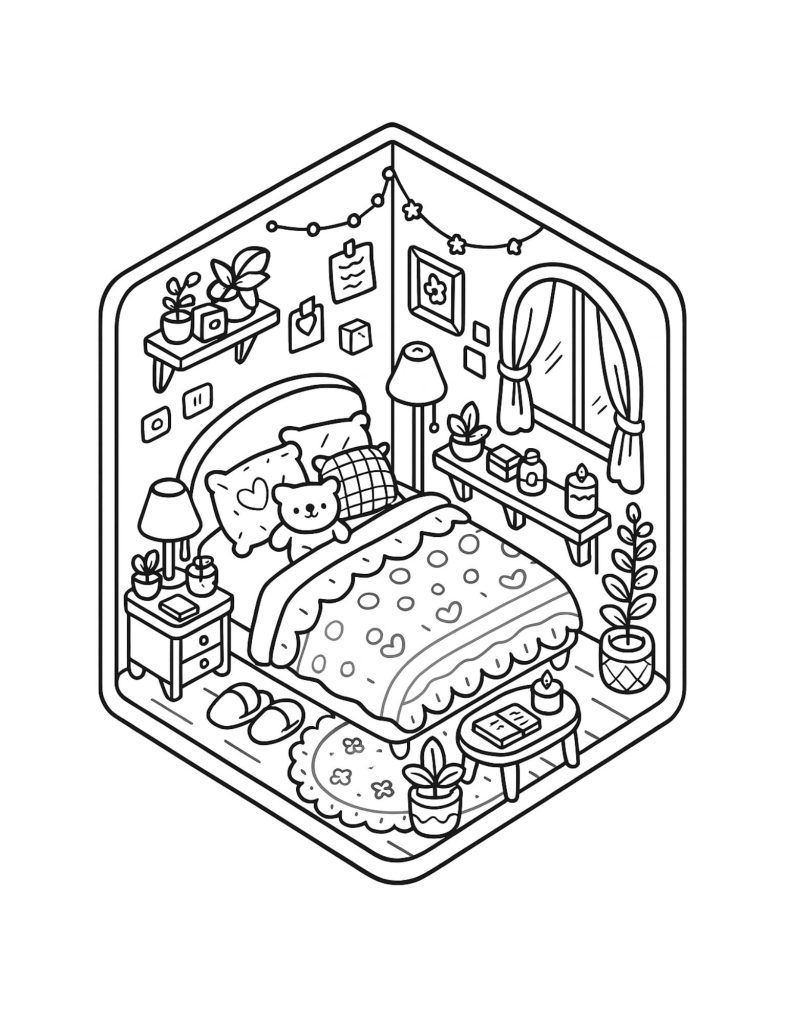 Cozy bedroom with floral bedding and plants coloring page