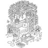 Cozy Garden Corner Coloring Page Cozy garden bench with flowers and tea table coloring page