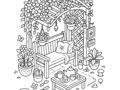 Cozy garden bench with flowers and tea table coloring page