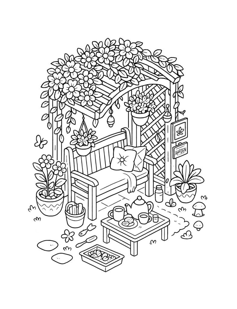 Cozy garden bench with flowers and tea table coloring page