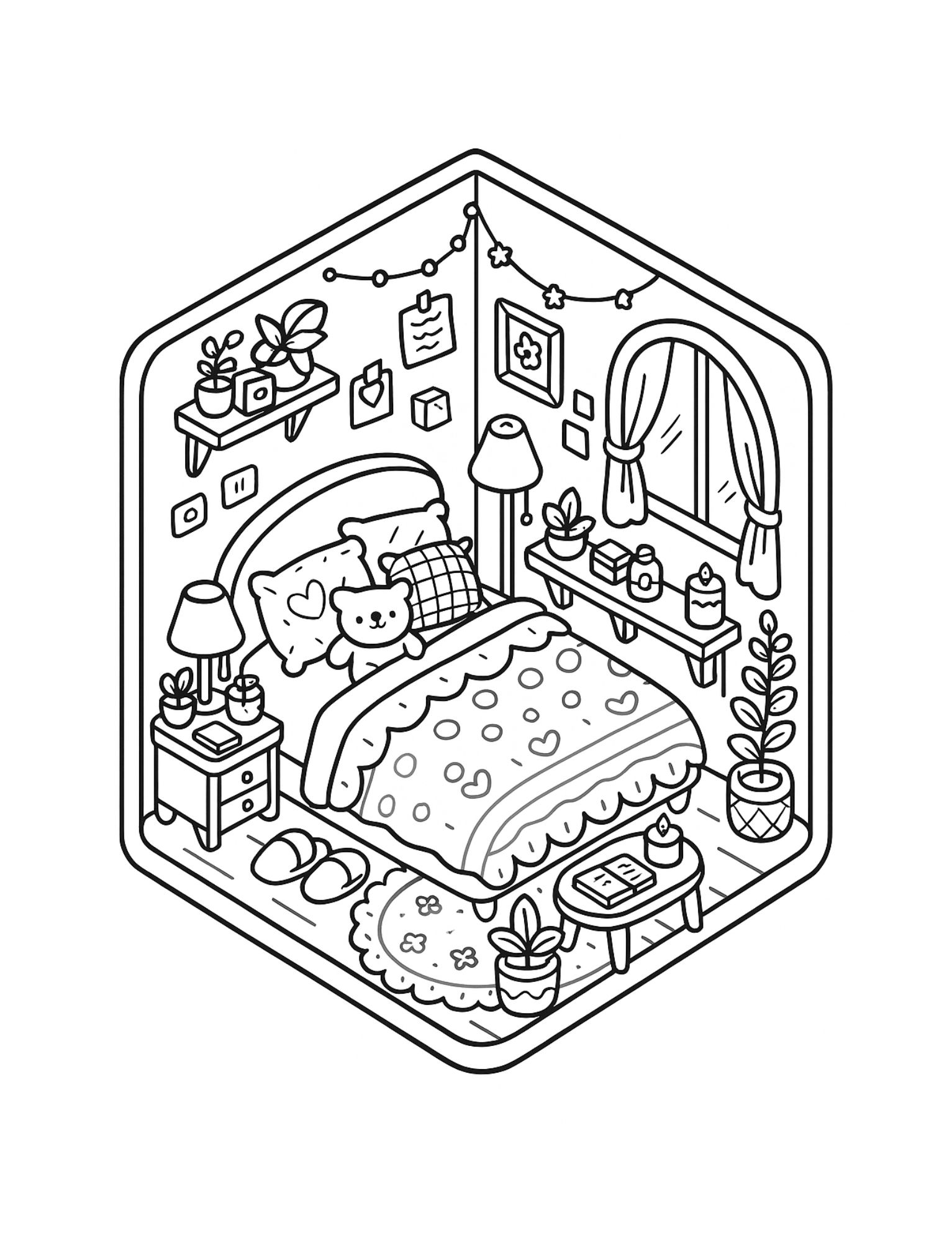 Cozy bedroom with floral bedding and plants coloring page