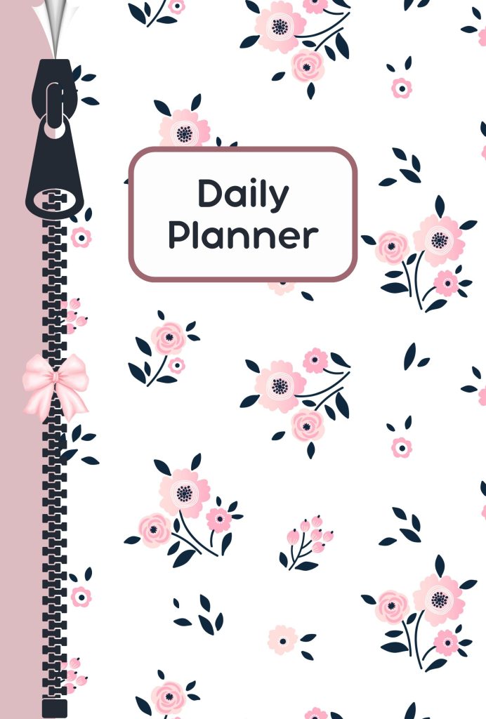 Daily planner cover with pink floral pattern, zipper-style spine design, and soft feminine aesthetic