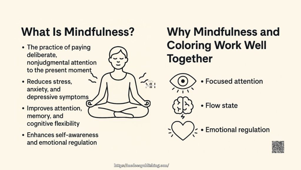 7 Reasons Coloring Is a Form of Mindfulness – Science-Backed Benefits & How to Begin 2 Infographic explaining what mindfulness is and why mindfulness and coloring work well together, featuring icons and benefits.