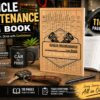 Vehicle maintenance log book displayed on a workbench with car tools, keys, and open interior pages in a garage setting