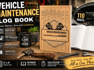 Vehicle maintenance log book displayed on a workbench with car tools, keys, and open interior pages in a garage setting