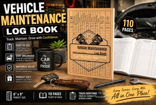 Vehicle maintenance log book displayed on a workbench with car tools, keys, and open interior pages in a garage setting