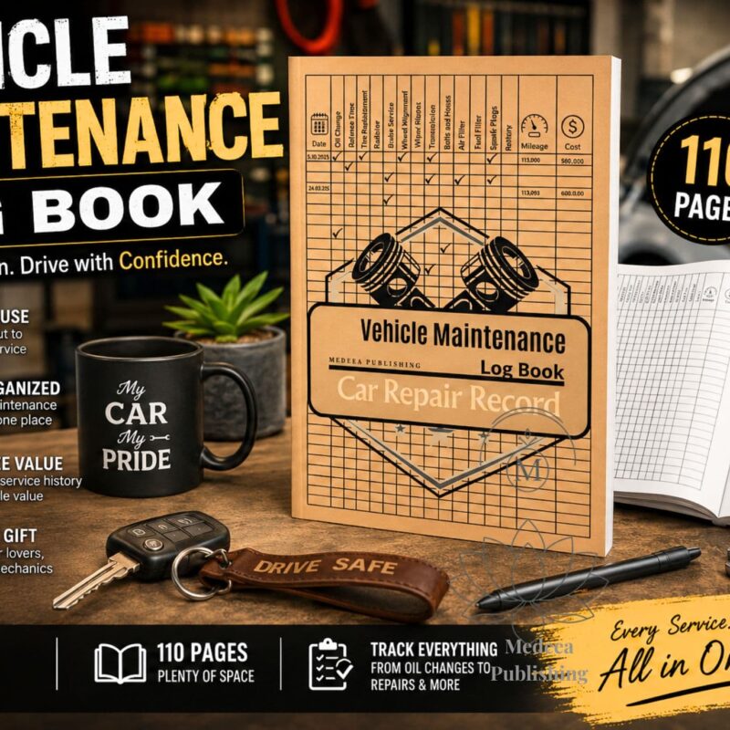 Vehicle maintenance log book displayed on a workbench with car tools, keys, and open interior pages in a garage setting