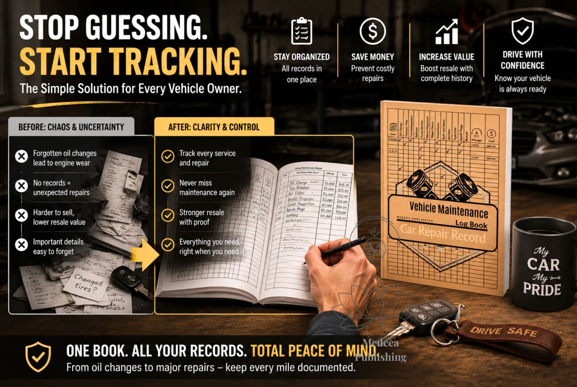 Vehicle maintenance log book showing organized tracking system with before and after maintenance records comparison